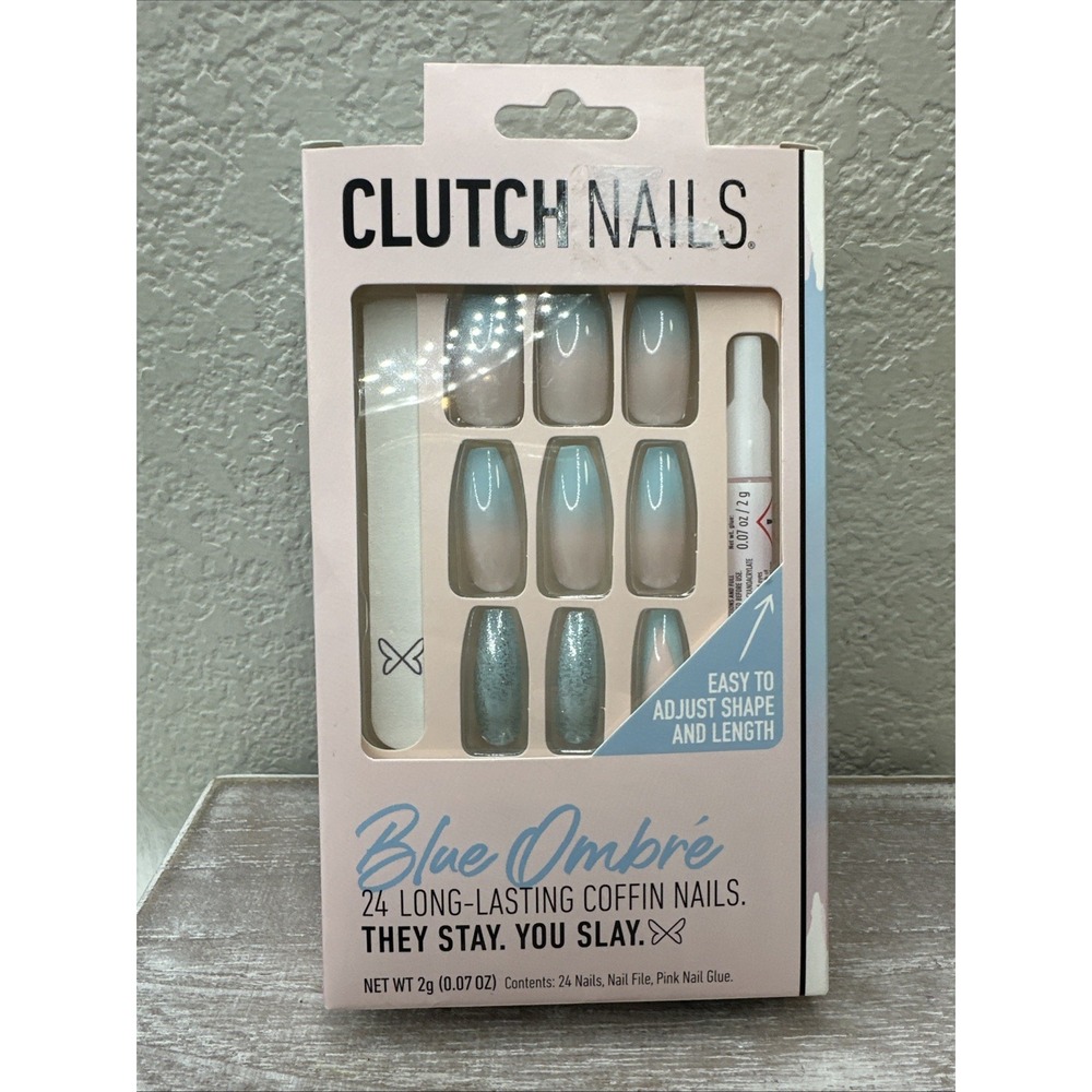 $14 🌙 Clutch Nails Blue Ombre‎ 24 Reusable Coffin Nails NEW